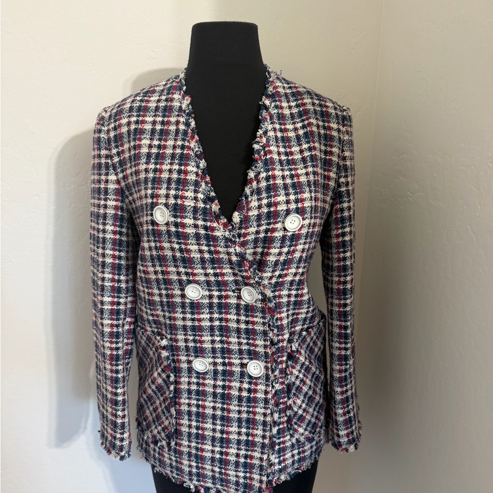 Mind Bridge Double-Breasted Plaid Tweed Blazer in Navy, Red & White
